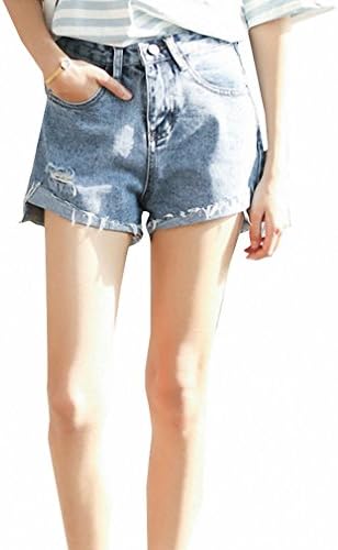 Summer Hole Female Denim Shorts Casual Burr Short Femme New High Waist Women Jeans Shorts Solid All-match Short Sky Blue 27
