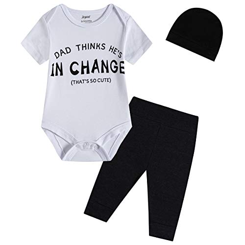Newborn Baby Boys Girls Clothes Mom is Hero Dad in Charge Letter Print Romper Long Pants wiht Hat 6PCS Outfits Set (Mom Dad,0-3Months)