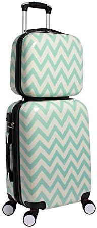 2pc Blue White Chevron Zigzag Theme Luggage Hardtop Hardside Roller Set, Horizontal Zig Zag Stripe Themed Suitcase Carry Hard Top Side Rolling Upright Spinner Wheels