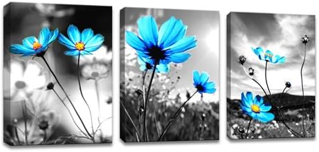 Black and white Peacock Blue Flowers Modern wall Art Landscape, Painting Pictures Artwork for Decor /Home Decoration size:12"x16"inch 3pcs/set