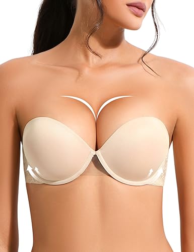 YANDW Push Up Reggiseno Senza Spalline Multiway Super Imbottito Add 2 Cup Supporto con Spalline Trasparenti Ferretto Pizzo Demi BHS, beige., 3C
