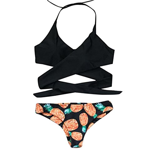 Kimloog Women Pineapple Print Cross Front Halter Bikini Set Beachwear Side Tie Swimwear Bathing Suit (L, Black)