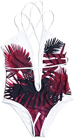 CIDEARY Women V Neck Backless One Piece Coconut Palm Tree Print Sexy Swimsuit (Red, L(US 6-8 C-D Cup))
