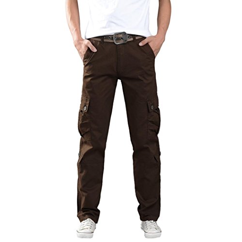 Aurorax Men's Casual Cargo Pants, Multi-Pocket Sports Fitness Camo Work Pants (Coffee, 33=Waist:32.9")