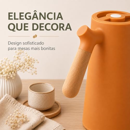 Garrafa Térmica 1 Litro para Café Mesa Posta Premium com Ampola de Vidro Conserva Bebidas Quentes por Mais Tempo Cabo Estilo Bambu Base Antiderrapante Azul Escuro HABITARA HOME