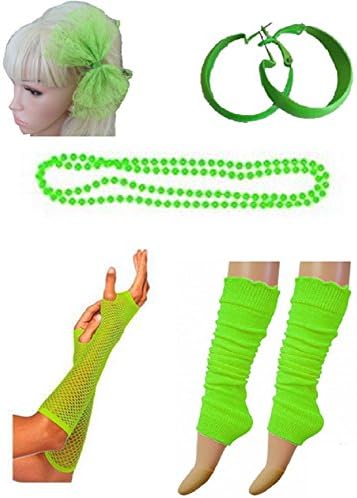 Womens 80s Costume Accessories -Tutu Skirt, Leg Warmer, Mesh Glove, Necklace, Earrings, Hairbow, Tshirt