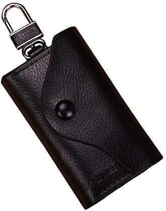 Leather Key Case Car Card ID Holder Keyring Keychain Key Holder Wallet Coin Purse Slim Compact Pouch Six Key Hook with Card Holder Gifts (Black)