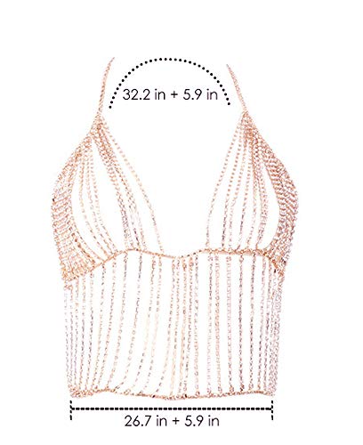 KimYoung Women Rhinestone Body Chain Jewelry Sexy Chain Skirt Bikini Chain Bra for Nightclub Party Beach (Rose Gold Body Chain - Bra)