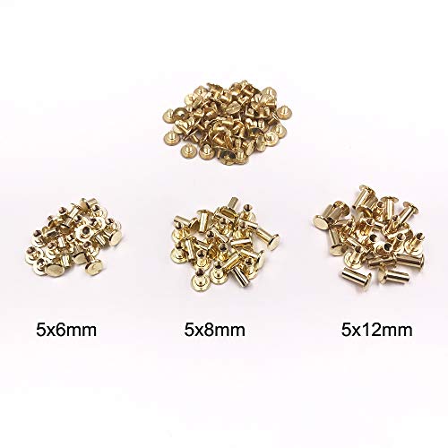 Seloky 75 Sets Gold Chicago Screws Assorted Kit 1/4 3/8 1/2 Inches Screw Posts Metal Accessories Nail Rivet Chicago Button for DIY Leather Decoration Bookbinding Round Flat Head Stud Screw
