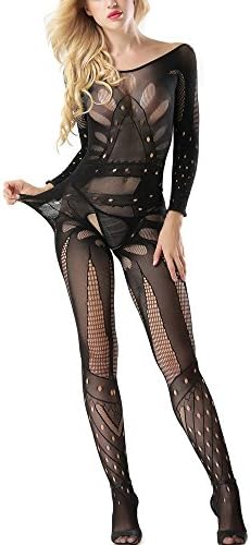 Women Crotchless Bodystocking Plus Size Fishnet Bodysuit Open Crotch Long Sleeve Lingerie
