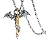 Hallery Mens Titanium Steel Dragon Sword Wing Pendant(Gold)
