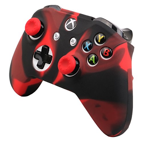 Pandaren Soft Silicone Skin for Xbox One X / S Controller Set(Blackred Skin X 1 + Thumb Grip X 2)