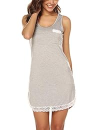 URRU - Camisón de noche para mujer, sin mangas, cuello redondo, con bolsillos de encaje, tallas S-XXL
