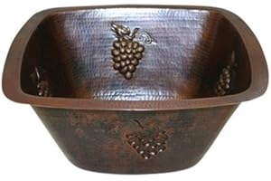 SimplyCopper 15" Square Copper Kitchen Bar Prep Sink with GRAPES Design