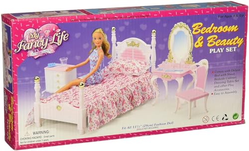 My Fancy Life Dollhouse Furniture Set, Bedroom and Beauty Play Set, White and Pink with Floral Bedding