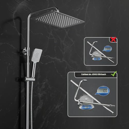 JOHO Stainless Steel Shower Column without Thermostat, Shower Set with Adjustable Height Bar with Hand Shower Head and Rain Spray Head 35 x 25 cm, Chrome