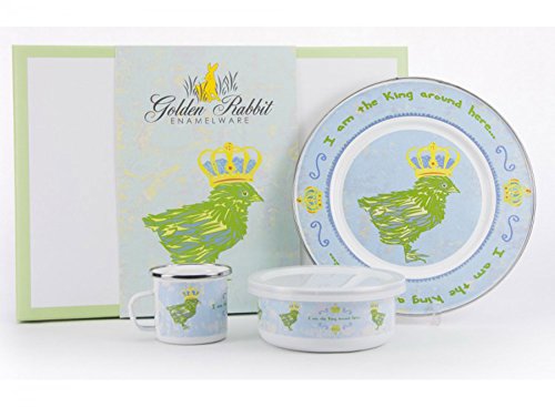 Enamelware - Chirp Boy Pattern - Kids 3 Piece Giftboxed with 4 Ounce Mug, 14 Ounce Bowl and 8 Inch Plate