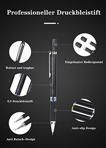 Druckbleistift 0,5-4 Stücke Metall Druckbleistift 0,5 Set,10 Stücke Bleistiftminen 0,5 mm HB,Radiergummis,Herrscher,Dreiecke,Winkelmesser für Haus, Schule und Büro