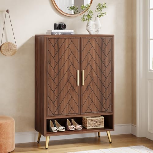 Tribesigns Entryway Shoe Cabinet with Doors, 6-Tier 24 Pairs Wooden Shoe Storage with Adjustable Shelves and Gold Legs for Living Room, Bedroom (Walnut)