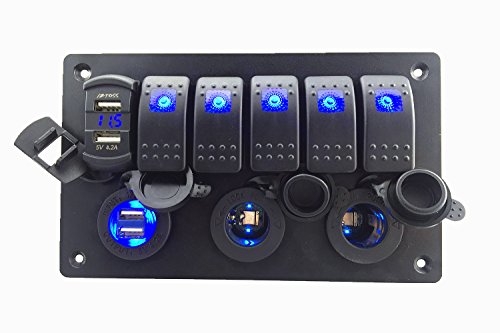 IZTOSS Digital Voltmeter+12V led Cigarette power Socket + 4 USB 8.4A Power Charger Adapter aluminum Flush Mount 6 gang rocker switch Panel Black RV Car Boat