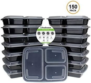 Freshware 150-Pack 3 Compartment, Microwaveable Bento Lunch Boxes with Lids
