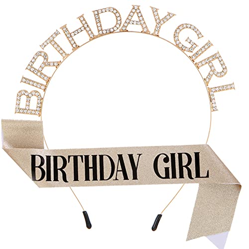 CHTENG Colorful Birthday Girl Sash and Tiara Rhinestone Crown Headband for Birthday Party Supplies (Gold)