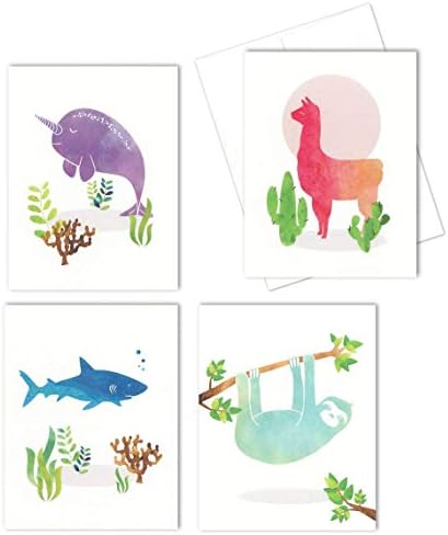Nerdy WordsLlama, Sloth, Shark, Narwhal All Occasion Blank Note Cards (Set of 12 Cards Total) - Size 4.25" X 5.5"