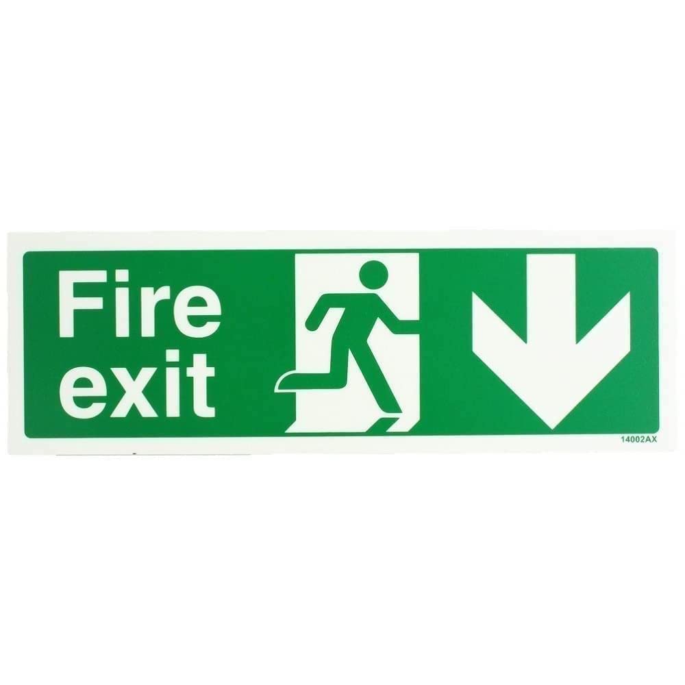 V Safety Glow In The Dark Fire Exit Arrow Down Sign - 300mm x 100mm - Rigid Plastic — image 1