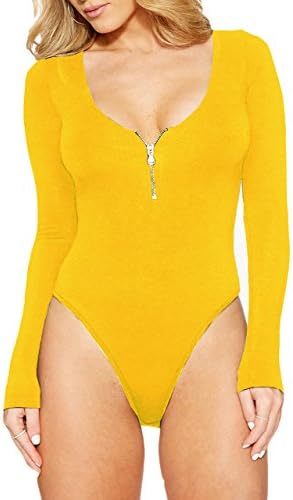 LAFASO Womens Long Sleeve U Neck Zipper Sexy One Piece Bodysuit Romper Playsuit Yellow S