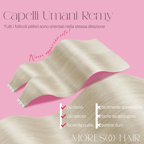 Moresoo Real Hair Extensions Double-Sided Adhesive Platinum Blonde Remy Invisible Tape Extensions Human Hair 20 Pieces 50 g #60 55 cm