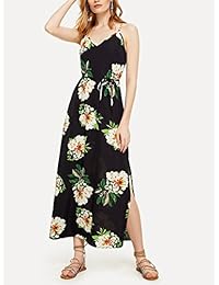 Milumia Mujer Bohomian Patchwork impresión borlas correa de espagueti frío hombro Split Maxi vestido