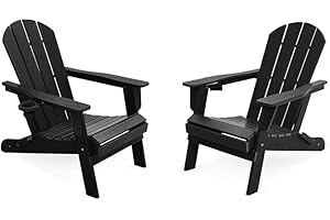 LOUNZY Folding Adirondack Chairs Set of 2, HDPE All-Weather Folding Adirondack Chair with Cup Holders, Outdoor Patio Adirondack Chair for Deck Lawn Fire Pit, Black