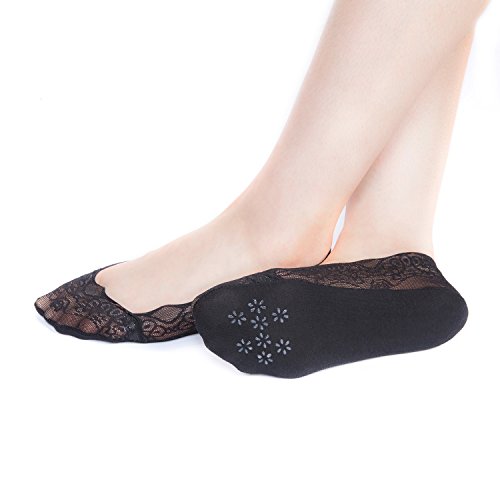 4 Pairs Women Lace Cotton No Show Liner Socks Low Cut Casual Invisible Non-Skid Boat Socks (Black&Nude)