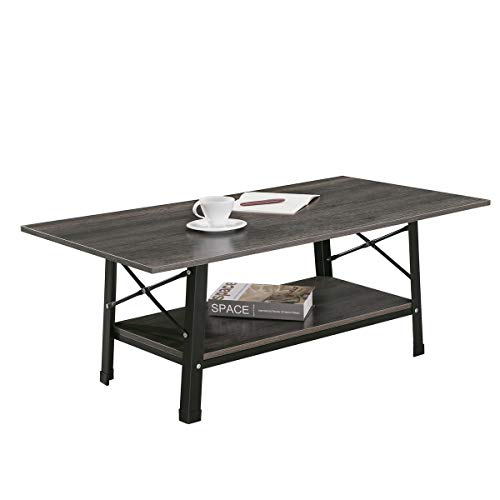 Coffee Table - CrazyLynX 46" Industrial Cocktail End Table with Storage Shelf, Solid Side Sofa Table, Wood Desktop and Metal Frame for Living Room (Retro Color) (A)