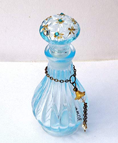 Cornflower Blue Glass Mini Perfume Bottle with Swarovski Crystal Rhinestones and Dangling Pearls