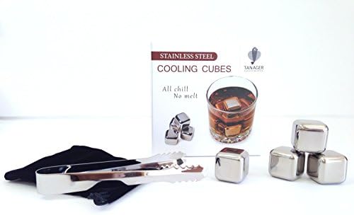 Tanager 4 PCS Stainless Steel Chilling Reusable Ice Cubes and 1 pc Ice Tong Barware Kit for Whiskey, Cocktails, White Wine and Drinks