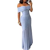 Ninimour Women's Formal Dress Off Shoulder Cinched Waist Ruched Slim Fit Dress Mermaid Hem Maxi Cocktail Party Dresses