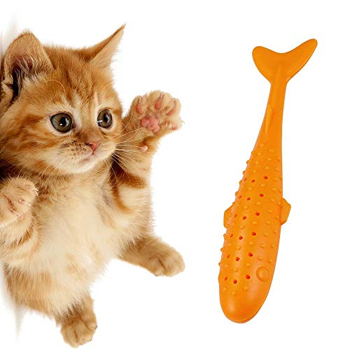 Catnip Toys Interactive Cat Fish Shape Toothbrush Refillable Catnip Bite Resistant Simulated Fish Silicone Teeth Cleaning Chew Pet Supplies for Kitten Kitty Cats Clean in The Dishwasher Blue & Orange