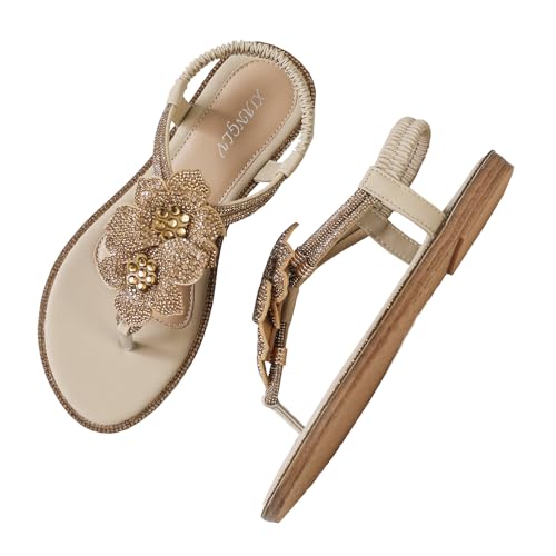 Vervesole Women's Bohemian Flip Flops Sandals Rhinestone Beaded Flat Thong Beach Shoes with Elastic Ankle Strap Comfortable Cushioned Sole Lightweight Summer Sandals Apricot Size 37 at Amazon