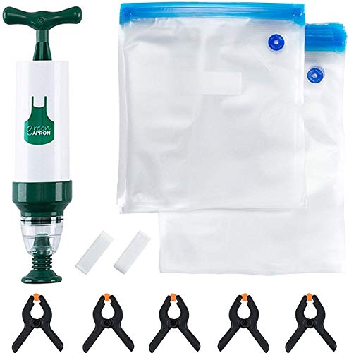 Sous Vide Bags Kit for Anova, Joule and all Popular Brands - 20 Reusable BPA FREE GREEN APRON Sous Vide Bags [2 Sizes], 1 Hand Pump, 5 Sous Vide Clips, 2 Bag Sealing Clips, BPA FREE and FDA Approved