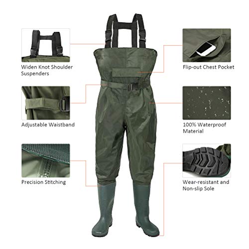 Kingdom Chest Waders Waterproof - Hunting & Fishing Waders with Neoprene Boots, Nylon and PVC Insulated Material (Green, M13/W15)