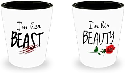 Couples Shot Glasses - His Beauty Her Beast - Funny Ceramic Shot Glasses - Humorous and Cute Couple Gifts with Couples Sayings