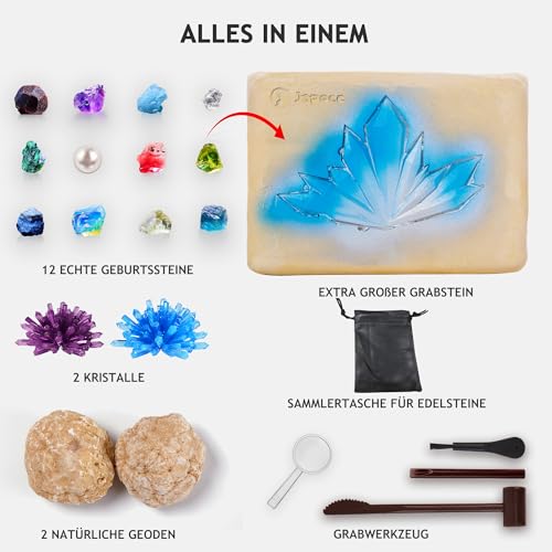 Japace Excavation Set for Children, STEM Science Toy Gemstones Digging, Geodes to Break Up Set, Crystals Growing Kit Gifts Boys Girls Grinding Hammer