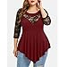 Lutos Women Plus Size O-Neck Floral Lace Asymmetric Three Quarter Ruffles Tops Tee Redthumb 1