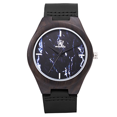 Casual Unisex Watches,Ebony Wood Watch with Geniue Cowhide Leather Band Strap,Black Marble Face,Japanese Quartz Movement