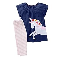 Fiream Girls Cotton Clothing Sets Summer Shortsleeve Unicorn Dress Capri Pants 2 Pieces Clothing Sets(SY044,2T)