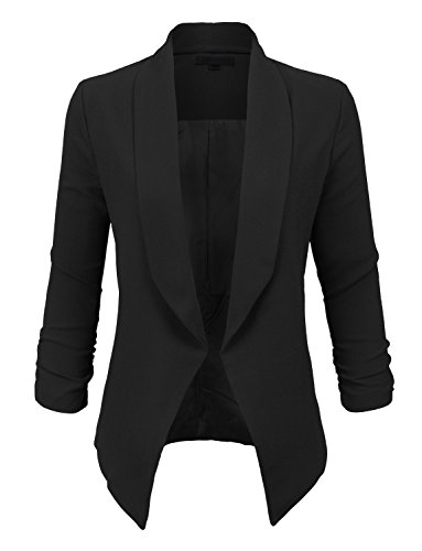 LE3NO Womens Textured 3/4 Sleeve Open Blazer Jacket, L3NWJC1196- BLACK, Small