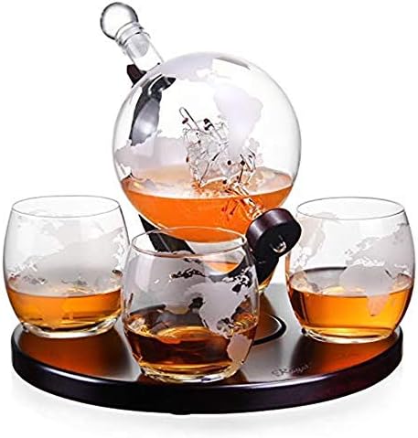 Etched Globe Whiskey Globe Decanter Set - 1000 ML with 4 World Etched Whiskey Glasses (300ml) Wooden Base and Safe Package - Scotch, Bourbon, Vodka and Wine