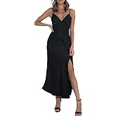 HKMECRI Summer Satin V Neck Silp Midi Dress for Women Wedding Guest 2025 Sexy Spaghetti Strap Backless Long Dresses with Slit