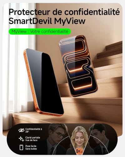 SMARTDEVIL Pack of 2 MyView Anti-Spy Tempered Glass for iPhone 17 Pro | Anti-Espion 28°, Verre Trempé 9H, Pose Sans Bulles, Anti-Éclats, Toucher Fluide, Face ID & Coque Compatibles, SmartPull Box